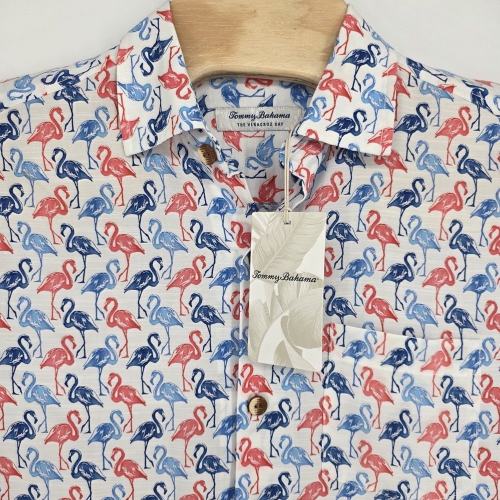 New Tommy Bahama Shirt Mens Small White Veracruz Cay Flamingo Cruise Beach